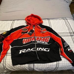 Boohooman homme Motor Oil Racing Jacket - Red and Black(size medium or large)